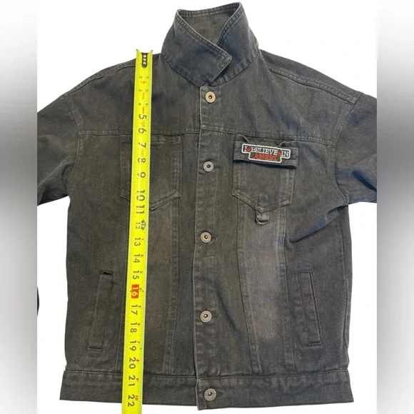 Graphic Black Denim Jacket Punk Streetwear moto Jean Jacket Angel Patch - Picture 13 of 16